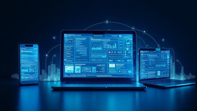 Integrated financial apps displayed across multiple digital screens like a laptop, tablet, and smartphone.